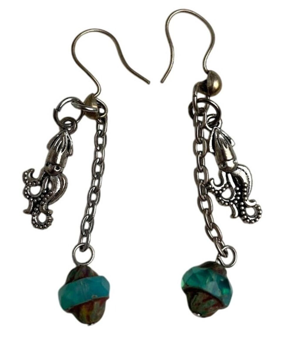 Octopus Silver Dangle Earrings Sea life Turquoise Hook Squid Womens Jewelry